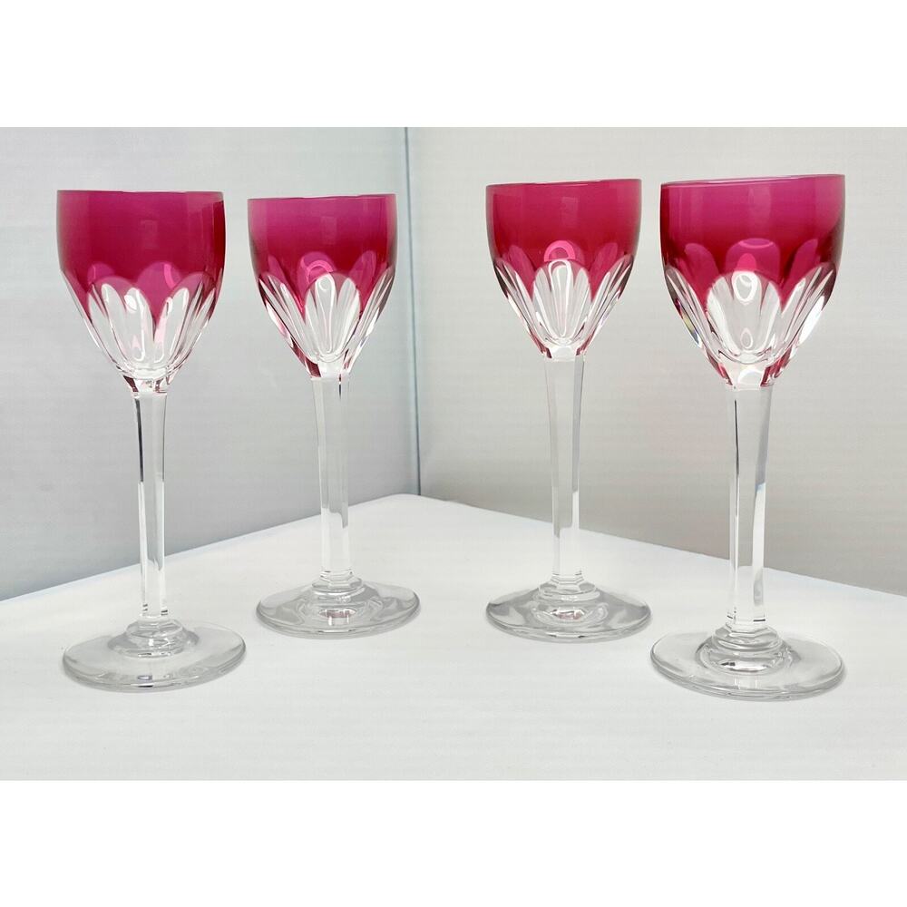 SET 4 BACCARAT GENOVA CUT TO CLEAR CRANBERRY CRYSTAL CORDIAL SHOT GLASSES